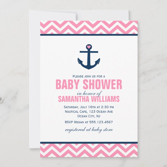 Rosa Chevrons Nautical Girl Baby Shower Inbjudningar (Framsida)