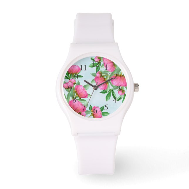 Rosa Chic Blommigt Peonies Simple Elegant Flowers Armbandsur (Framsida)