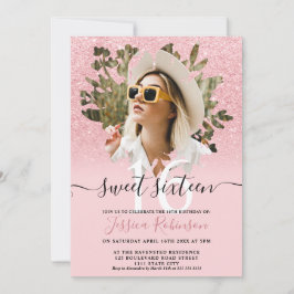 Rosa chic glitter ombre-blommigt för foto Sweet 16 Inbjudningar