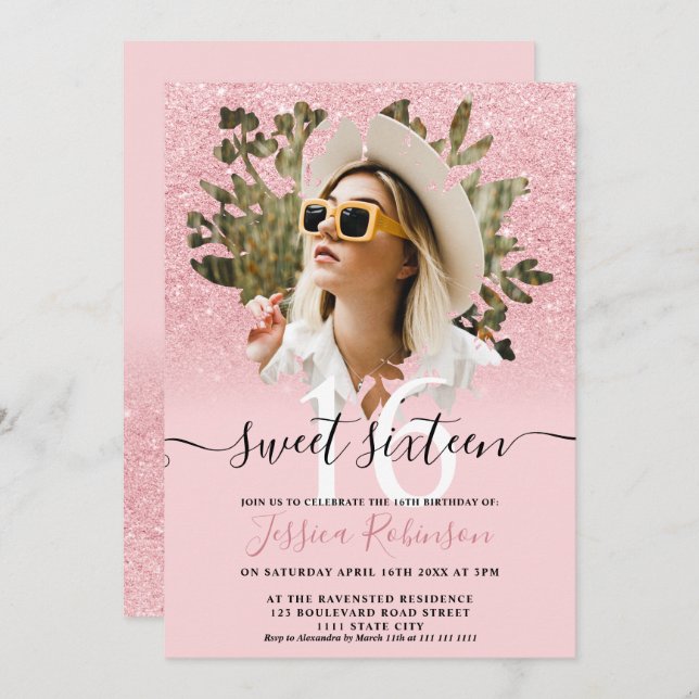 Rosa chic glitter ombre-blommigt för foto Sweet 16 Inbjudningar (Fram/baksida)