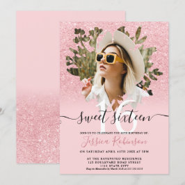Rosa chic glitter ombre-blommigt för foto Sweet 16 Inbjudningar