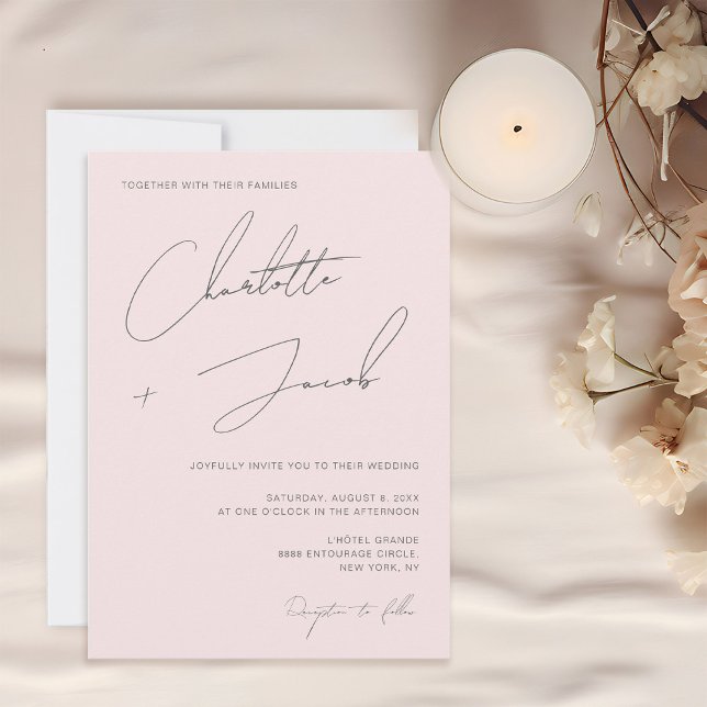  Rosa Chic Minimalistisk Elegant, skript Bröllop Inbjudningar (Simplistic Minimalistic Modern Elegant Script Typography Blush pink wedding invitation.)