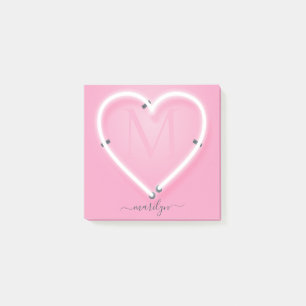 Rosa Chic Neon Hjärttecken Monogram Namn nr Post-it Block