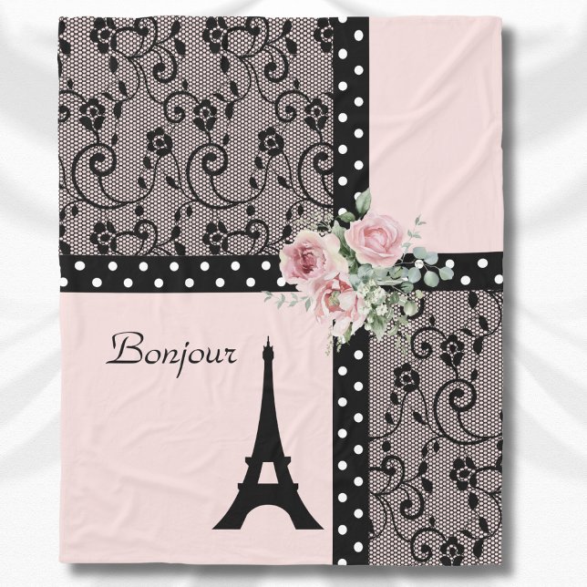 Rosa Chic Prickig Paris Bonjour Filta Fleecefilt (Pink Chic Polka Dot Paris Bonjour Blanket)