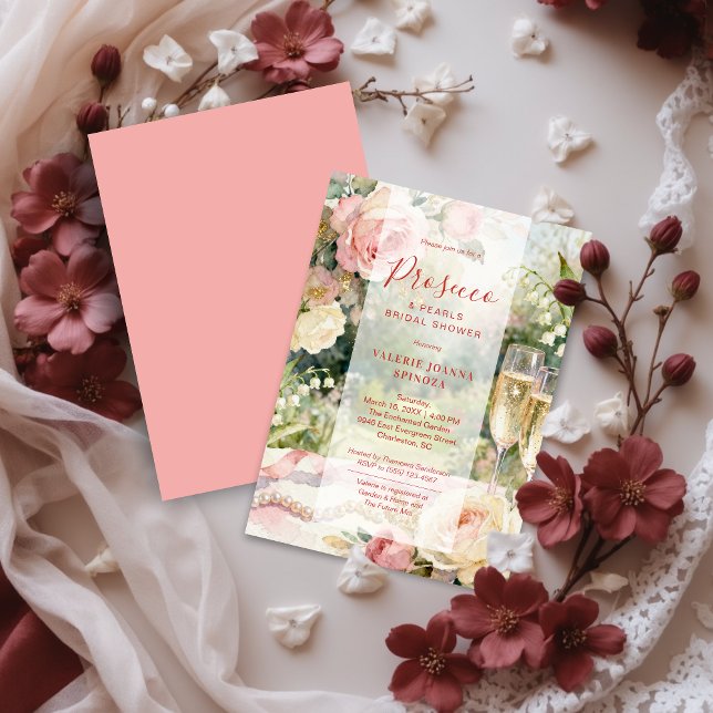 Rosa Chic Prosecco & Pärlor Glitter Bröllopsfestin Inbjudningar (Pink Chic Serene Prosecco & Pearls Glitter Bridal Shower Invitation Cards.)