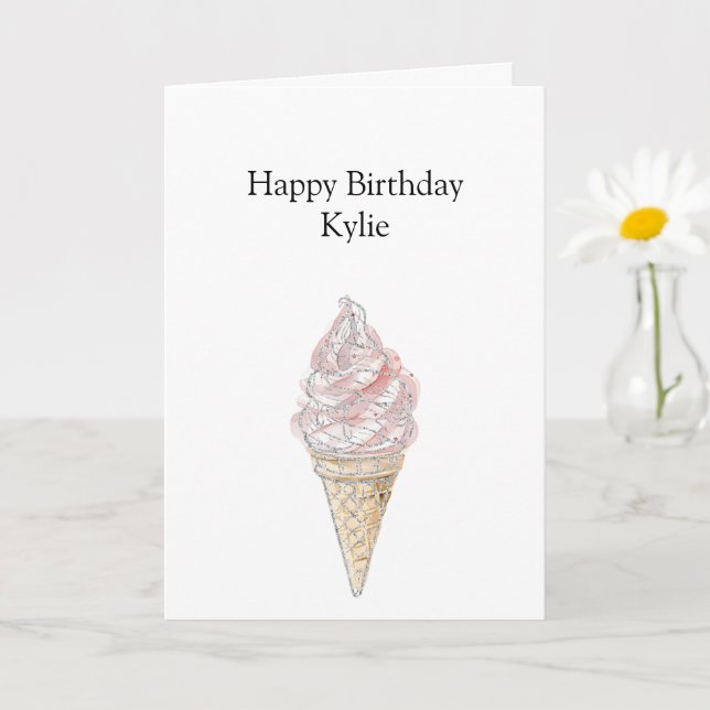 Rosa Chic Silver Ice Cream Cone Birthday Kort (Liten växt)