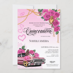Rosa Chicana Lowrider Chola Quinceanera Inbjudningar