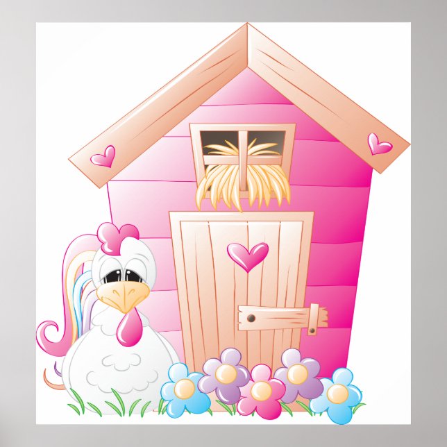 Rosa Chicken Coop och Flowers Poster (Framsidan)
