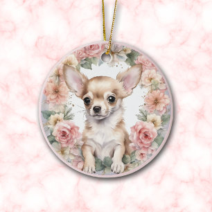 Rosa Chihuahua Puppy Blommigt jul Julgransprydnad Keramik