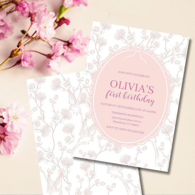 Rosa Chinoiserie 1-års födelsedag Inbjudningar (Elegant pink chinoiserie birthday invitation, perfect for a girl’s first or any age party.)