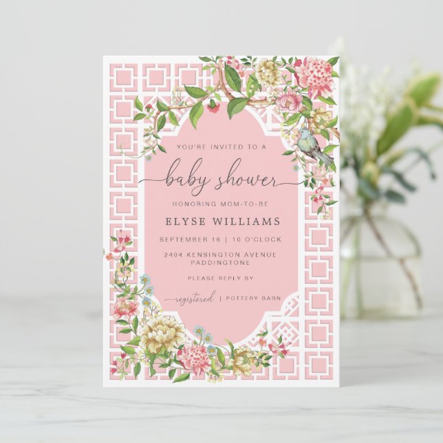 Rosa Chinoiserie Baby Shower-inbjudan - Trianon Inbjudningar (Stående Fram)