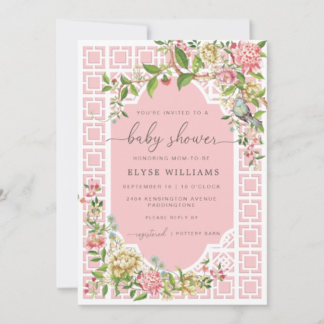 Rosa Chinoiserie-babyshower-inbjudan - Trianon Inbjudningar (Framsida)