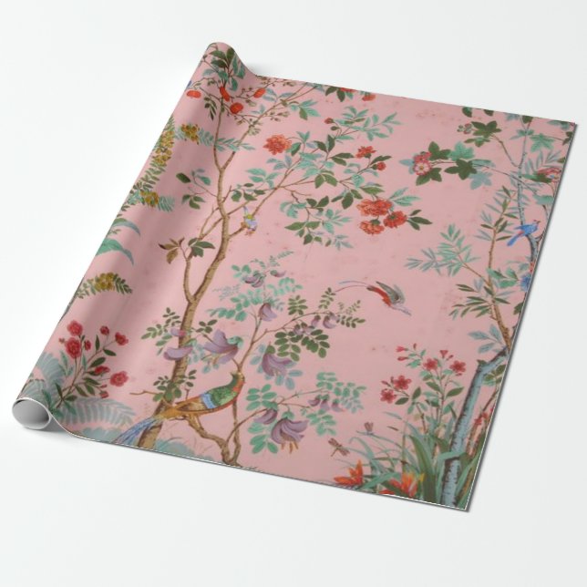 Rosa Chinoiserie Bird Blommigt Decoupage Gift Presentpapper (Utrullad)