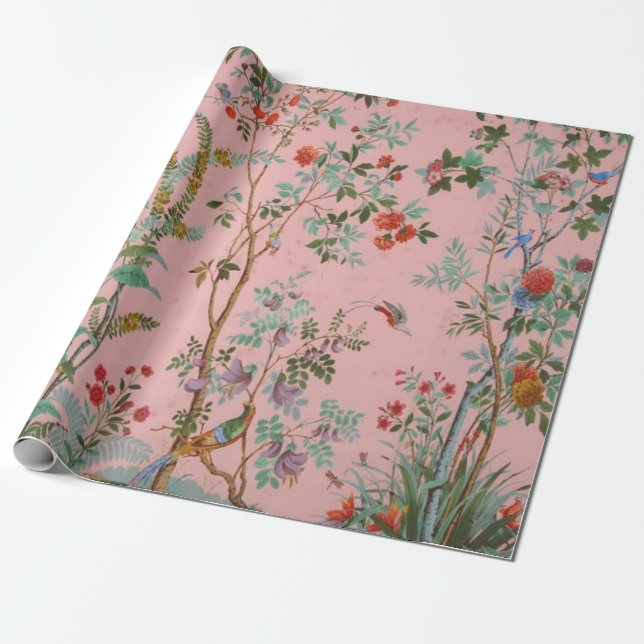 Rosa Chinoiserie Bird Blommigt Elegant Decoupage Presentpapper (Utrullad)