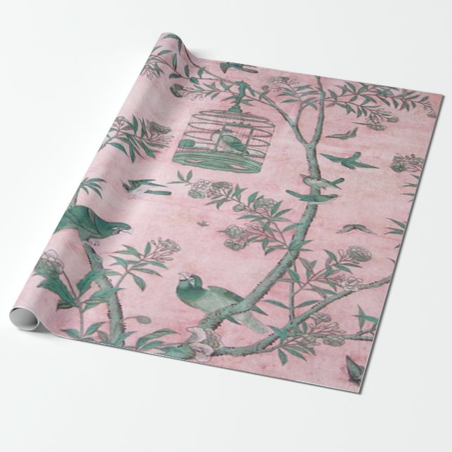 Rosa Chinoiserie Bird Decoupage Presentpapper (Utrullad)