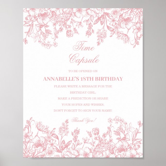 Rosa Chinoiserie Blommig Tids Kapsel Bebis Födelse Poster (Framsidan)