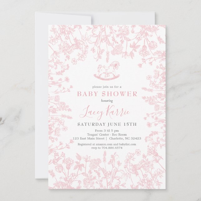 Rosa Chinoiserie blommigt baby Shower-inbjudan, Inbjudningar (Framsida)