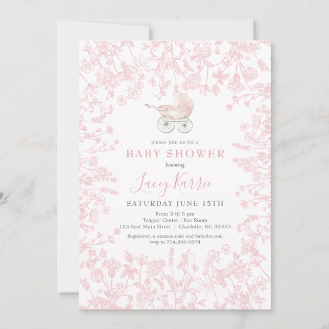 Rosa Chinoiserie blommigt baby Shower-inbjudan, Inbjudningar (Framsida)