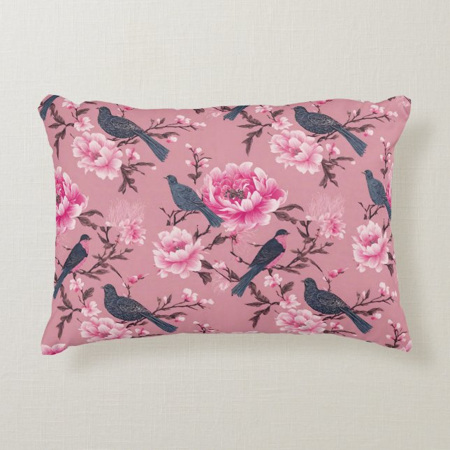 Rosa Chinoiserie (blommigt) Prydnadskudde (Framsidan)