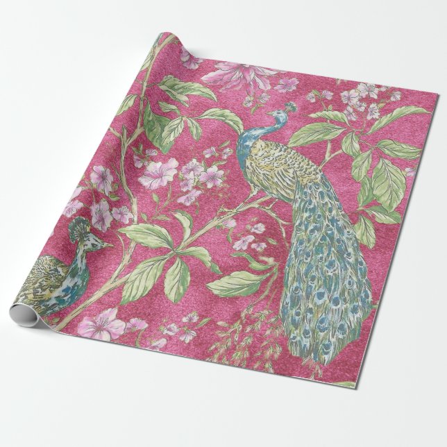 Rosa Chinoiserie fredsock blommigt decoupage Presentpapper (Utrullad)