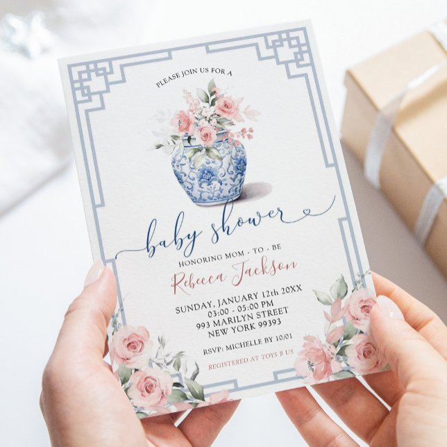  Rosa Chinoiserie Ginger Burk Baby Shower Inbjudningar (Skapare uppladdad)