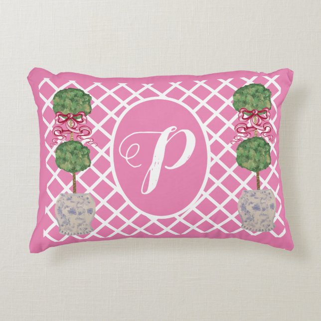 Rosa Chinoiserie Ginger Burk Burk Topiary Basket Prydnadskudde (Framsidan)