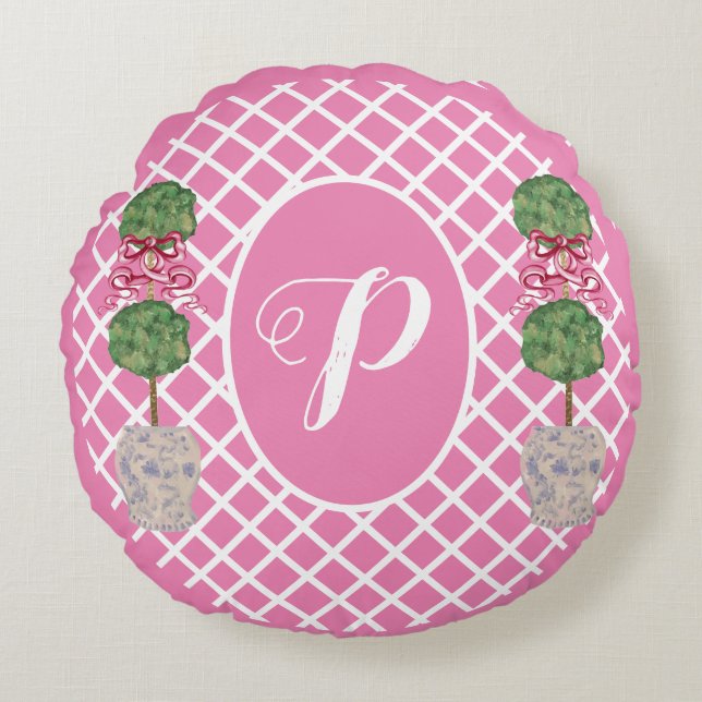 Rosa Chinoiserie Ginger Burk Burk Topiary Basket Rund Kudde (Framsidan)