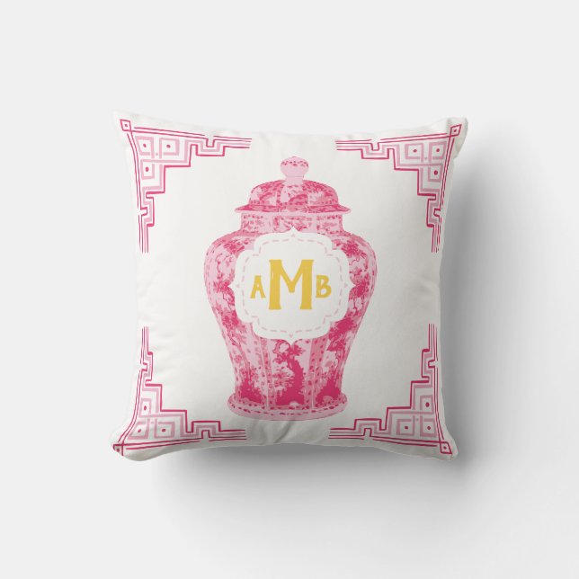 Rosa Chinoiserie Ginger Burk Monogram Kudde (Framsida)
