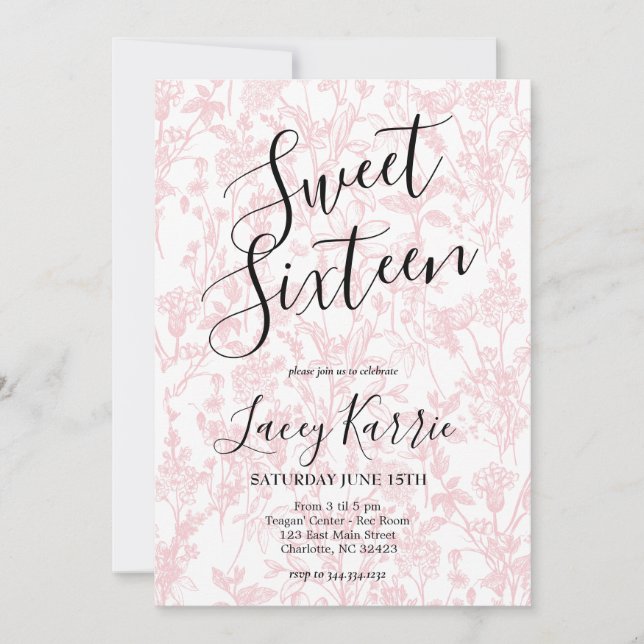 Rosa Chinoiserie Sweet sixteen Birthday Inbjudan (Framsida)