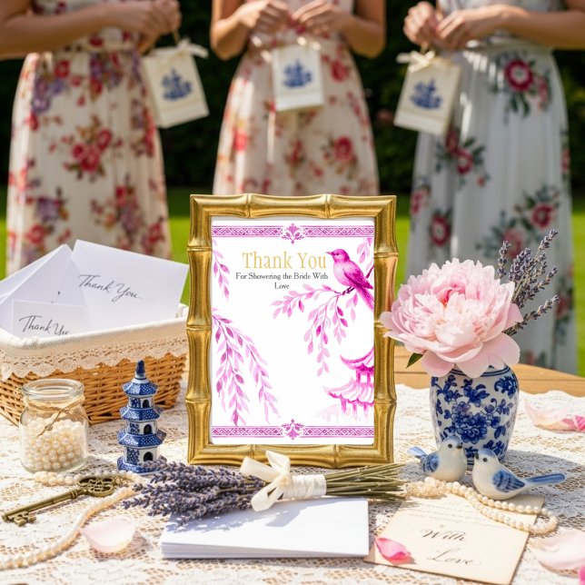 Rosa Chinoiserie "Tack" Skylt Inbjudningar (Pink Chinoiserie "Thank You" Sign)