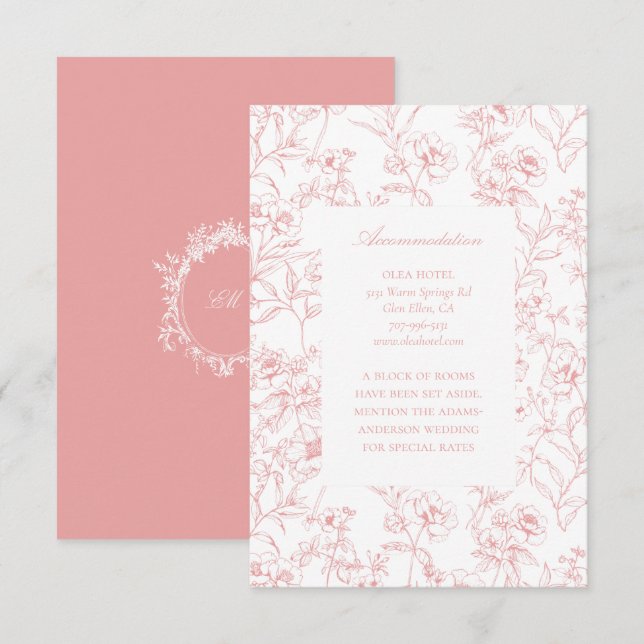Rosa Chinoiserie Toile Bröllopsboende Tilläggskort (Fram/baksida)