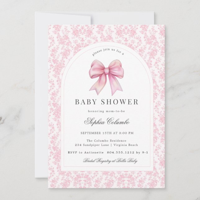Rosa Chinoiserie Toile Coquette Bow Baby Shower Inbjudningar (Framsida)