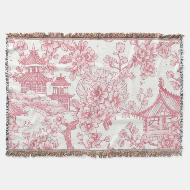 Rosa Chinoiserie Toile Drak Ros Blossom Filt (Framsidan)