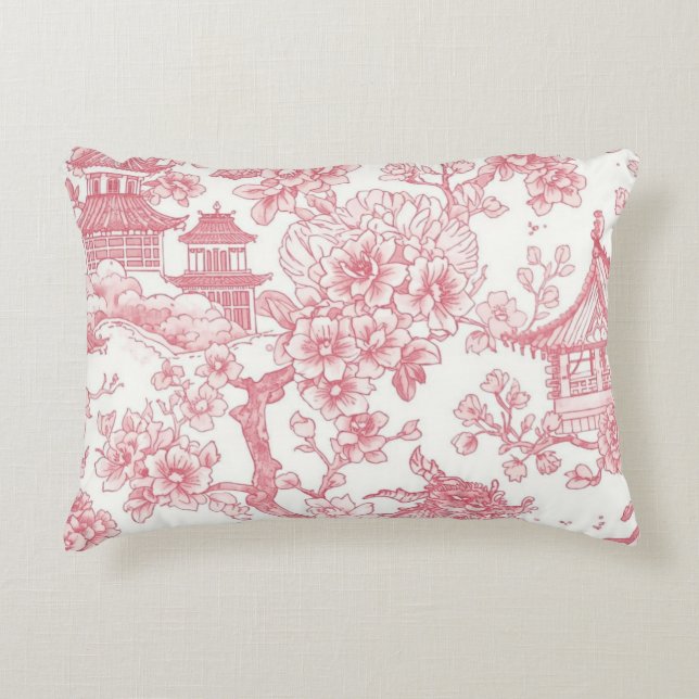 Rosa Chinoiserie Toile Drak Sakura Prydnadskudde (Framsidan)