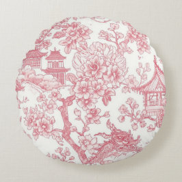 Rosa Chinoiserie Toile Drak Sakura Rund Kudde