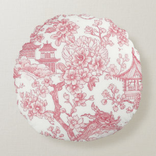 Rosa Chinoiserie Toile Drak Sakura Rund Kudde