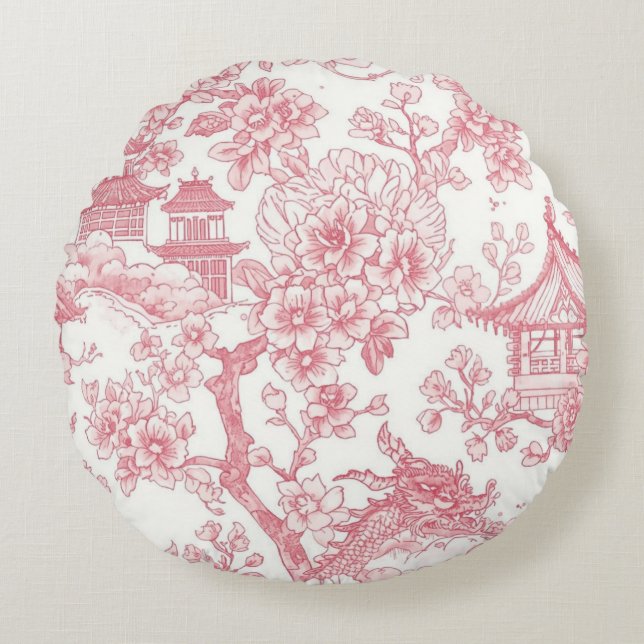 Rosa Chinoiserie Toile Drak Sakura Rund Kudde (Framsidan)