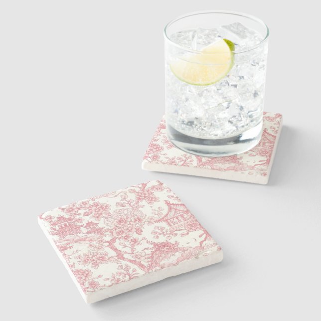 Rosa Chinoiserie Toile Drak Sakura Stenunderlägg (Sidan)
