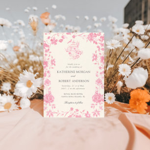 Rosa Chinoiserie Vintage Blommigt Bröllop Inbjudningar