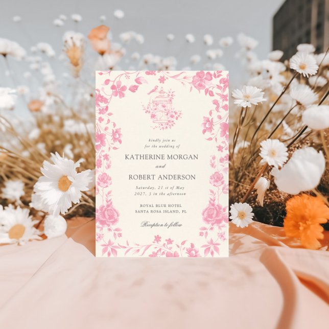 Rosa Chinoiserie Vintage Blommigt Bröllop Inbjudningar (Skapare uppladdad)