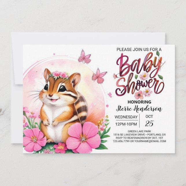 Rosa Chipmunk Bliss Whimsical Girl Baby Shower Inbjudningar (Framsida)
