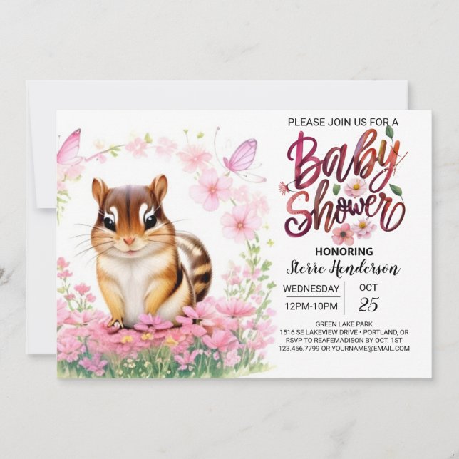 Rosa Chipmunk Blooms Girl Baby Shower Inbjudningar (Framsida)