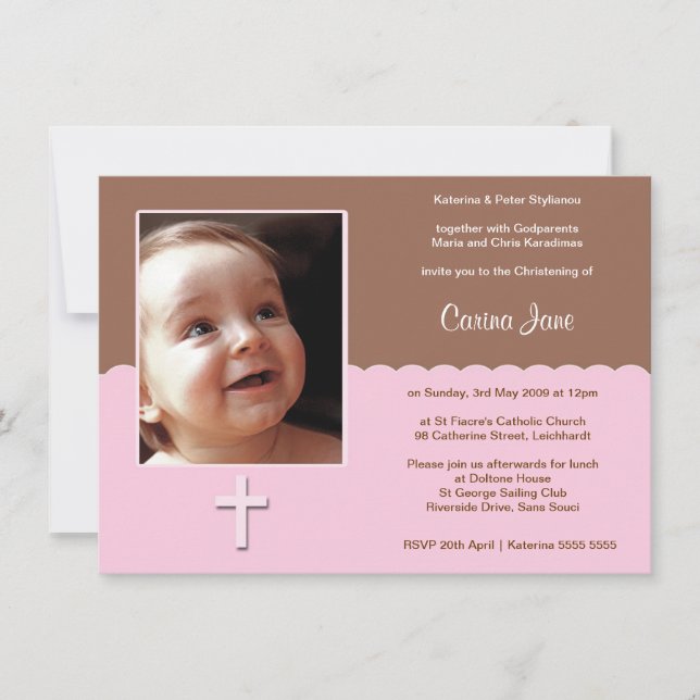 Rosa Chocolate Christening Inbjudningar (Framsida)