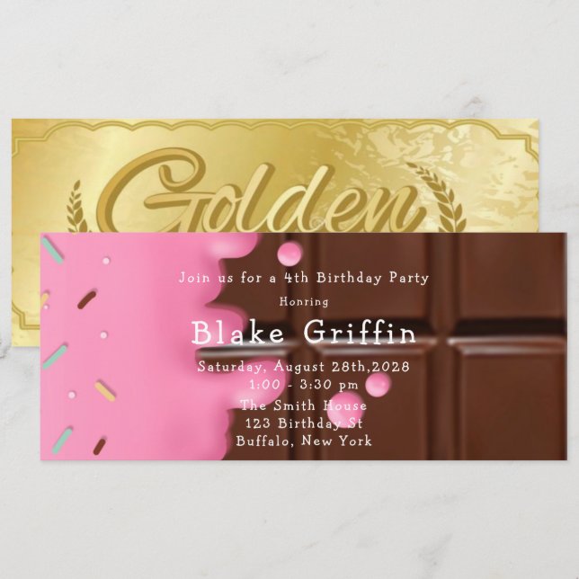 Rosa Chocolate Pub Golden Biljett Birthday Inbjudningar (Fram/baksida)