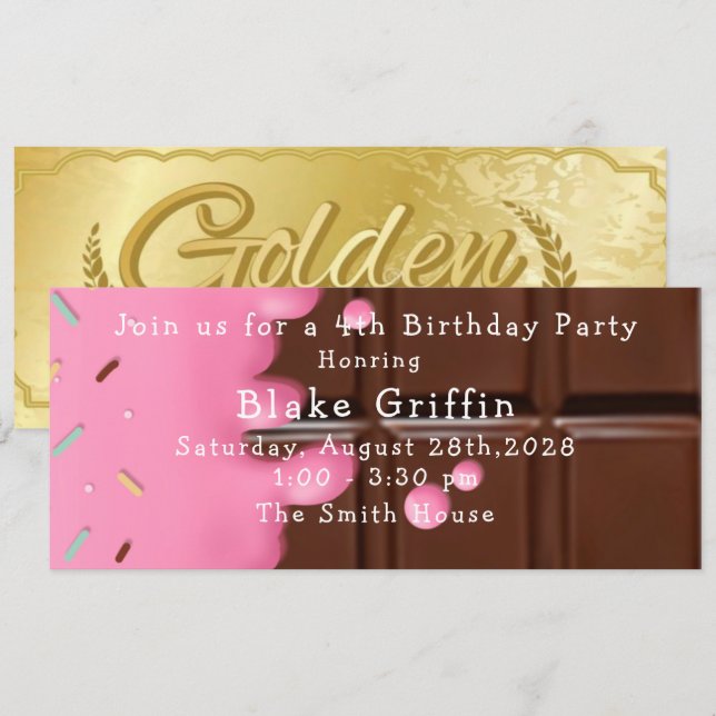 Rosa Chocolate Pub Golden Biljett Birthday Inbjudningar (Fram/baksida)