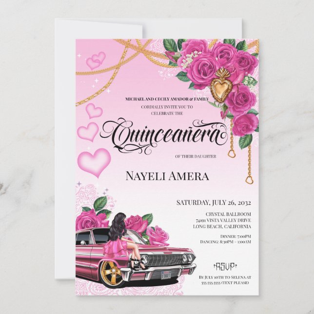 Rosa Chola Lowrider Chicana Quinceanera Inbjudningar (Framsida)