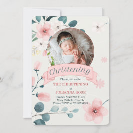 Rosa Christening for Flicka Peach Blommars Inbjudningar