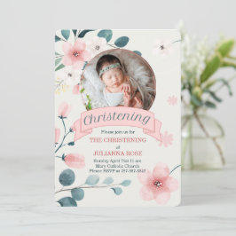 Rosa Christening for Flicka Peach Blommars Inbjudningar