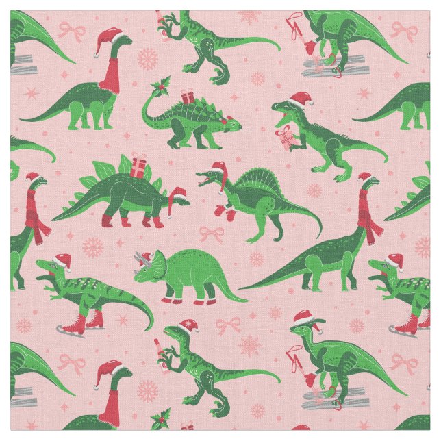 rosa christmas dinosaurs stegosaurus triceratops tyg (Närbild)