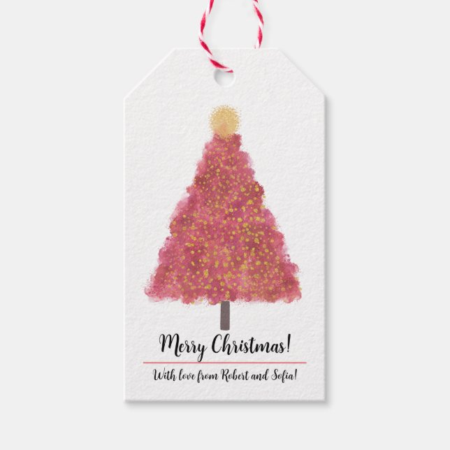 Rosa christmas treewith glitter-märkre presentetikett (Framsidan)